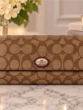 Coach Signature Canvas Key & Card Holder in Brown with Maroon Trim